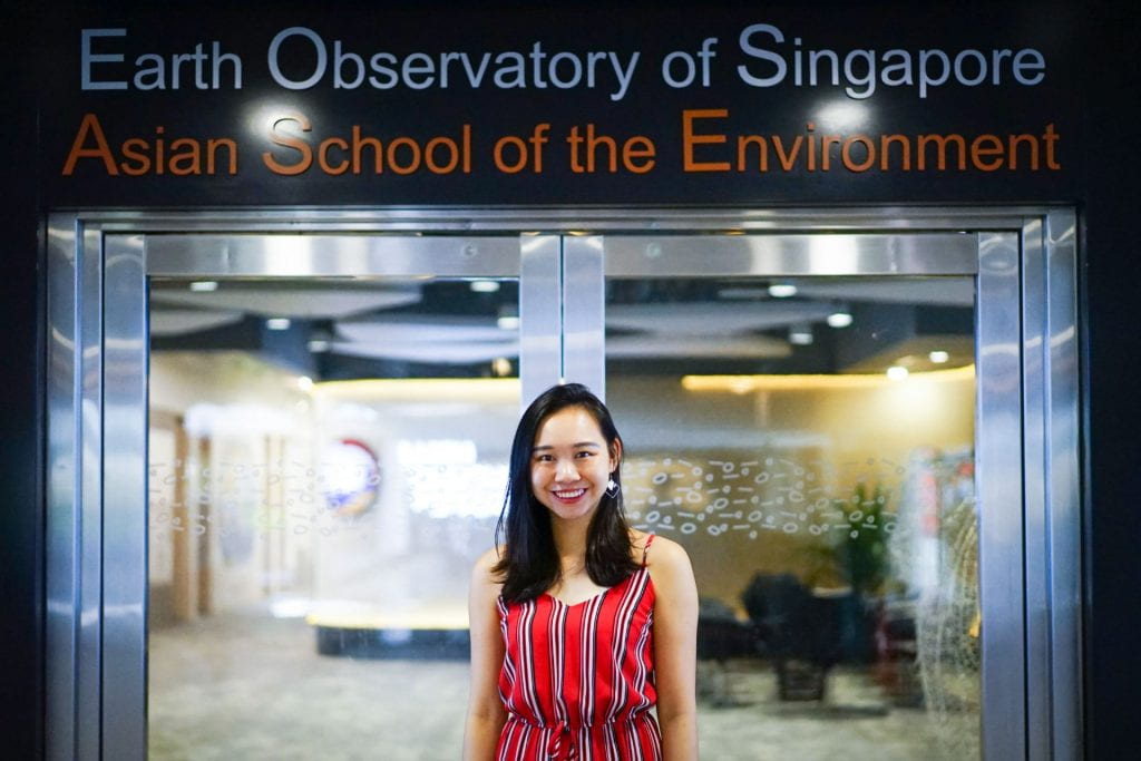 Ying Xuan posing in front of the research facility Earth Observatory of Singapore, Asian School of the Environment 