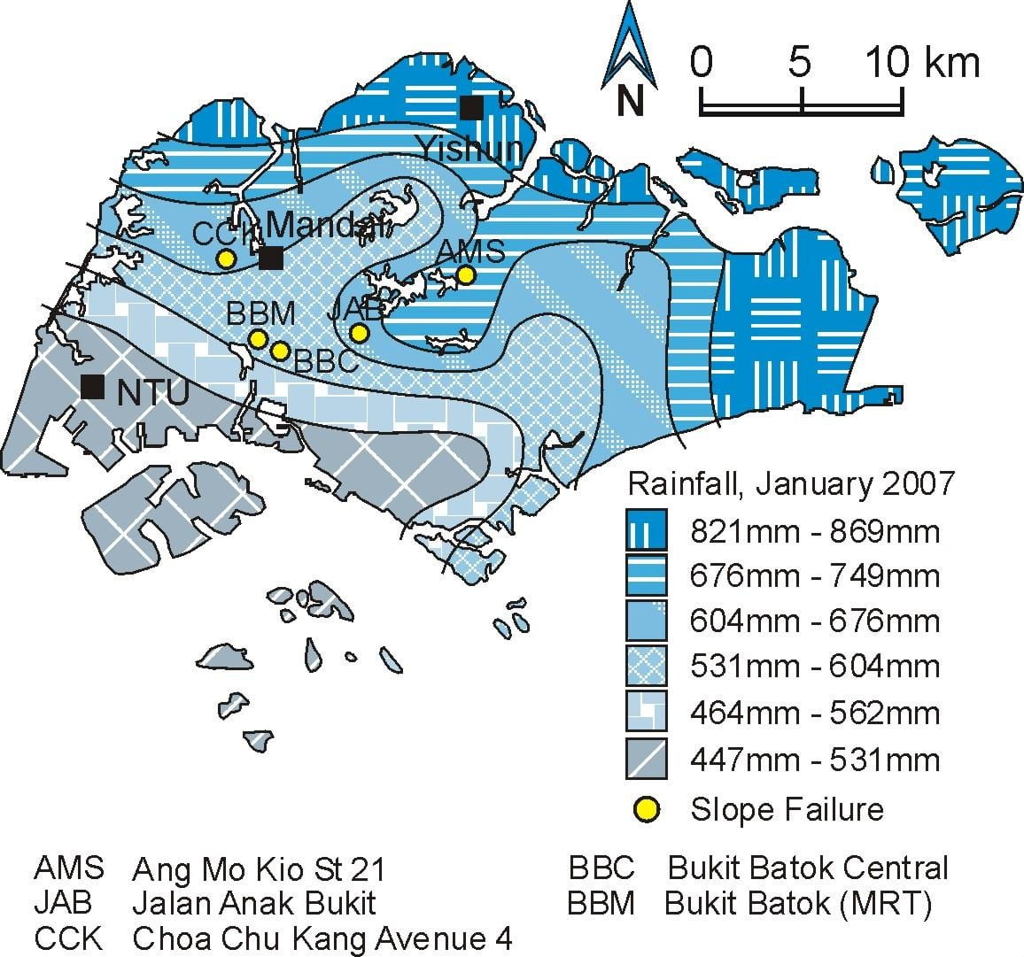 Distribution of rainfall and slope failures during the month of January 2007 (after NEA, 2007), Rahardjo et al 2007